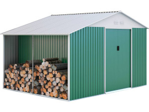 Gerätehaus aus Metall "Rosas" - 10,85 m² mit Holzunterstand - Grün