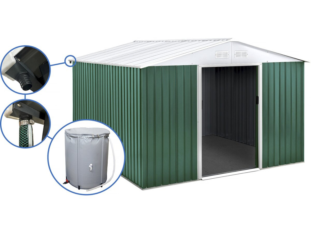 Gerätehaus aus Metall - "Rosas " - 10,85 m² mit Wasserauffangbecken und Dachrinne - Grün