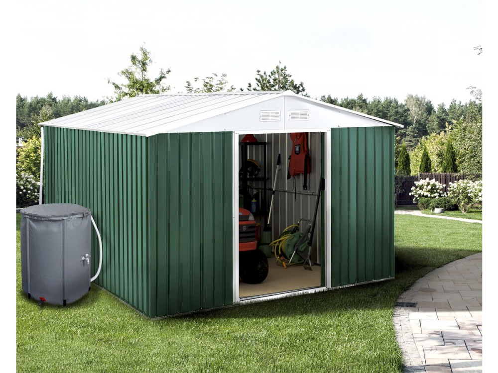Gerätehaus aus Metall - "Rosas " - 10,85 m² mit Wasserauffangbecken und Dachrinne - Grün