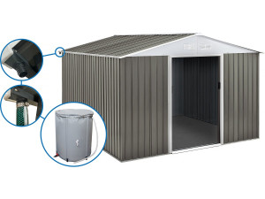 Gerätehaus aus Metall „Dallas“ - 15,16 m² mit Dachrinne und Wasserauffangbecken - Taupe