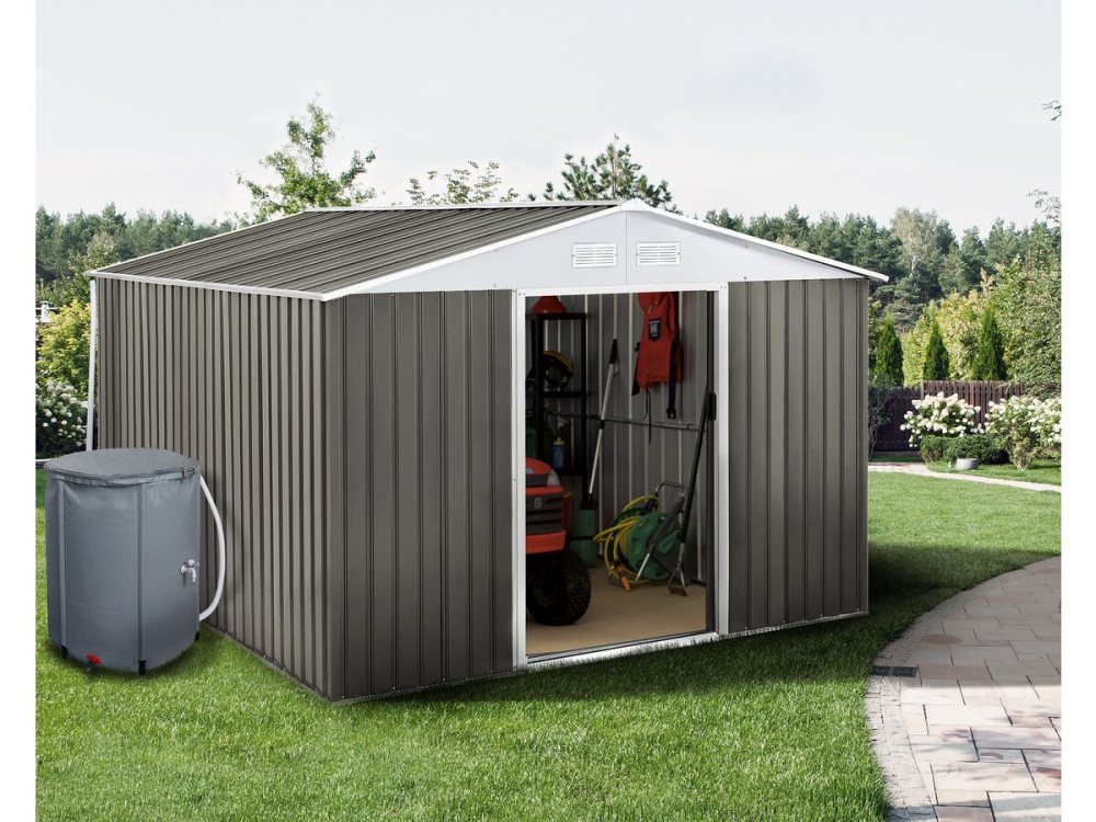 Gerätehaus aus Metall Dallas“ - 15,16 m² mit Dachrinne und Wasserauffangbecken - Taupe