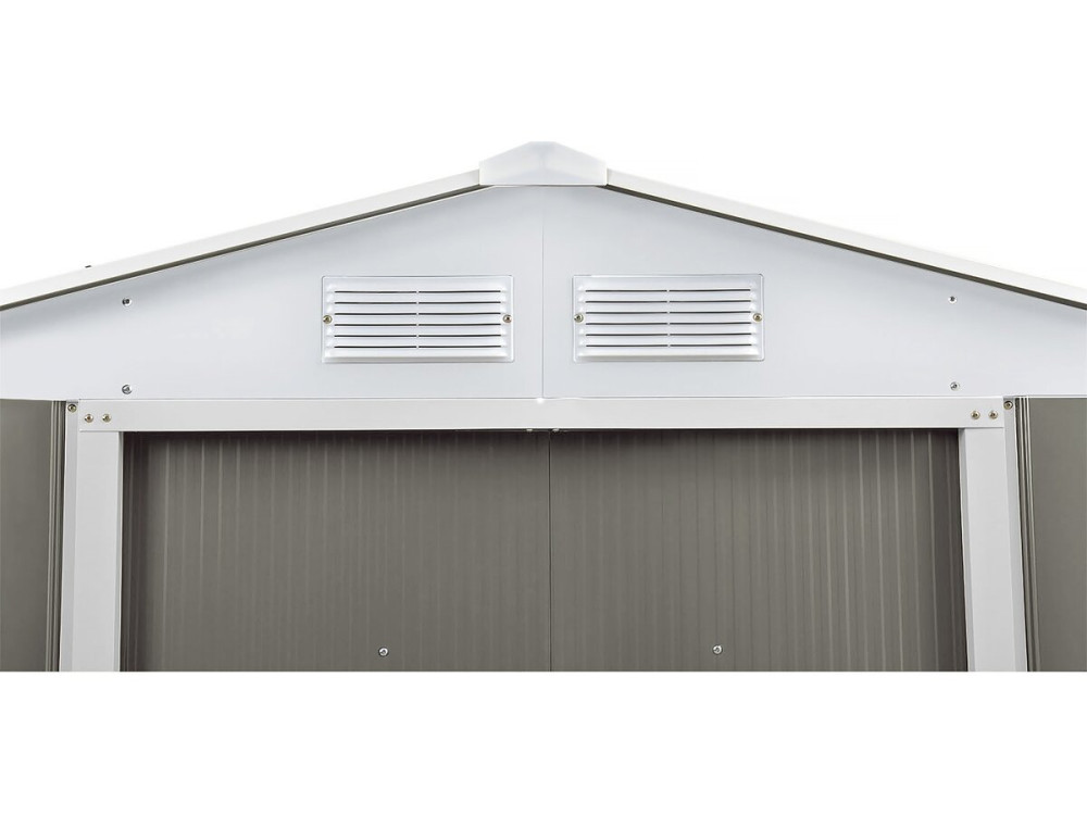 Gerätehaus aus Metall Dallas“ - 15,16 m² mit Dachrinne und Wasserauffangbecken - Taupe