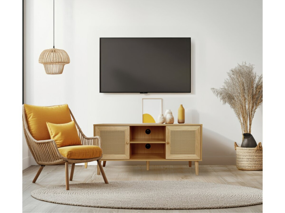 Skandinavisches TV-Möbel mit Rohrgeflecht "Iguane" - 120 x 30 x 56,5 cm - Braun