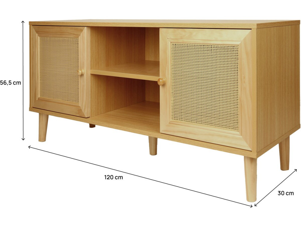 Skandinavisches TV-Möbel mit Rohrgeflecht "Iguane" - 120 x 30 x 56,5 cm - Braun