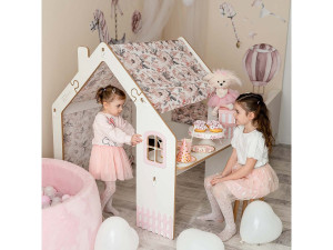 Kinderspielhaus aus Holz "Bianelli"- mit Schreibtisch - 114 x 93 x 120 cm - Weiß / Rosa 2