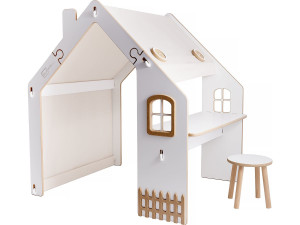 Kinderspielhaus aus Holz "Bianelli"- mit Schreibtisch - 114 x 93 x 120 cm - Weiß / Naturholz
