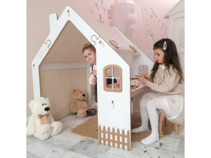Kinderspielhaus aus Holz "Bianelli"- mit Schreibtisch - 114 x 93 x 120 cm - Weiß / Naturholz 2