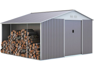 Gerätehaus aus Metall "Dallas" 12,99 m² mit Holzunterstand