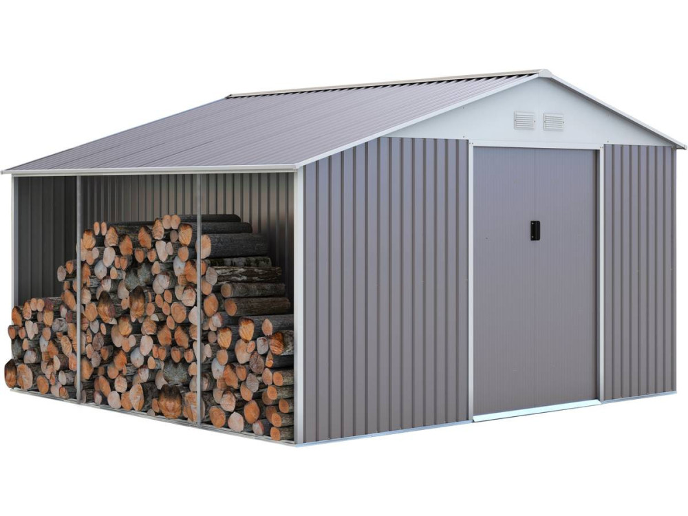 Gerätehaus aus Metall "Dallas" 12,99 m² mit Holzunterstand