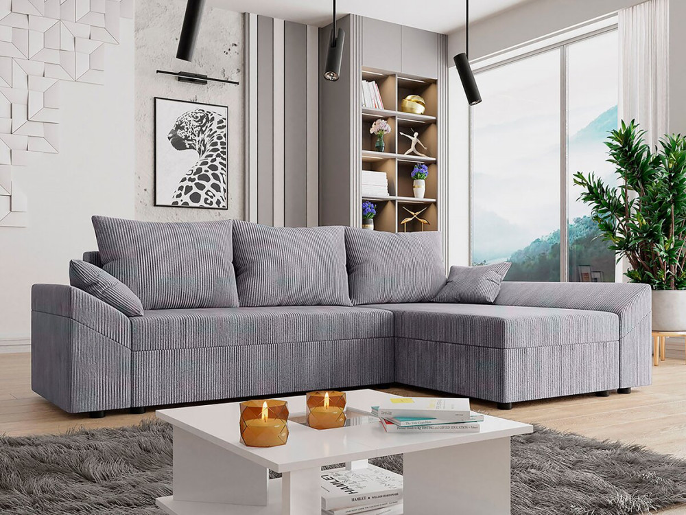 Ecksofa "Vaugirard" aus Cord mit Schlaffunktion und Bettkasten - 3-Sitzer - Grau