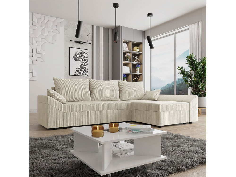 Ecksofa mit Schlaffunktion und Bettkasten "Vaugirard 2" aus Cord - 3-Sitzer - Beige