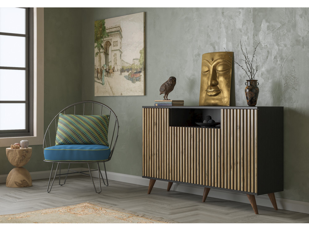 Holzanrichte "FRN-9004-1" - 140 x 35 x 91 cm - Holz, Schwarz, Atlantische Kiefer