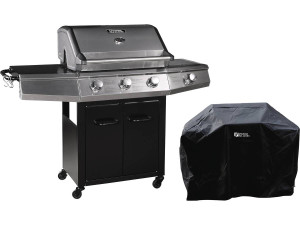 Gasgrill "Bingo 4" - 4 Brenner davon 1 Seitenbrenner - 14 kW + Schutzhülle - Schwarz