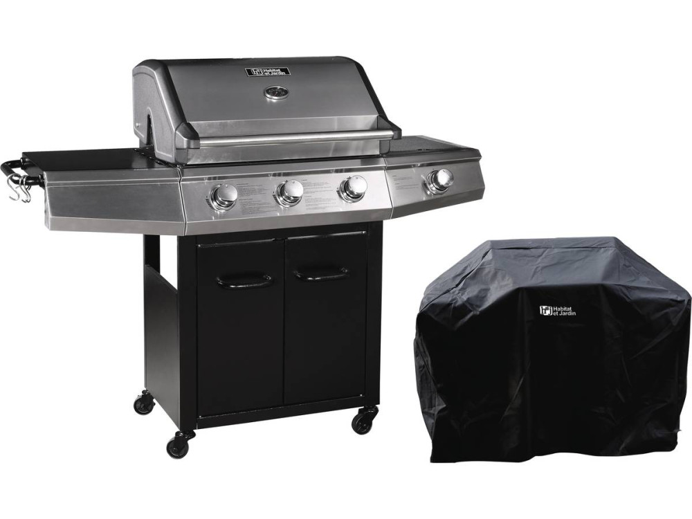Gasgrill "Bingo 4" - 4 Brenner davon 1 Seitenbrenner - 14 kW + Schutzhülle - Schwarz