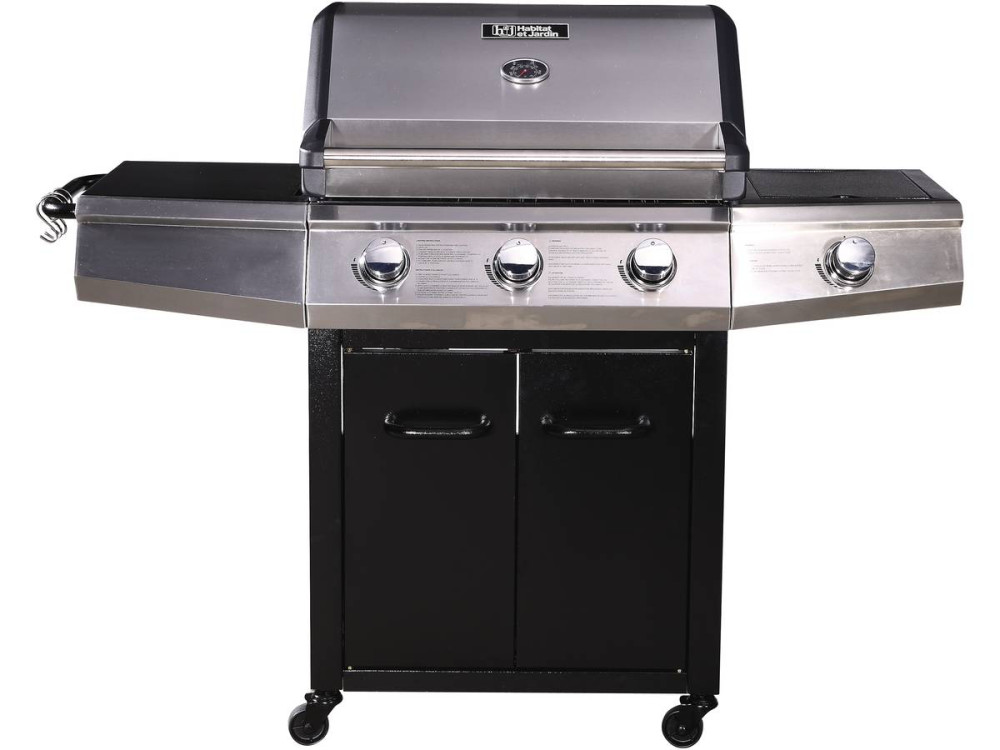 Gasgrill "Bingo 4" - 4 Brenner davon 1 Seitenbrenner - 14 kW + Schutzhülle - Schwarz