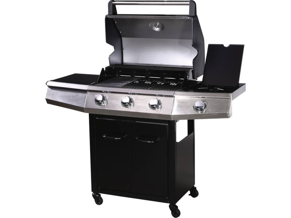 Gasgrill "Bingo 4" - 4 Brenner davon 1 Seitenbrenner - 14 kW + Schutzhülle - Schwarz