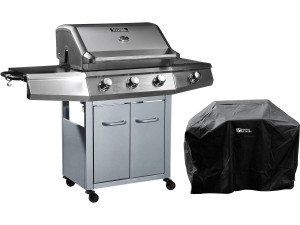 Gasgrill mit LED "Bingo 4" - 4 Brenner davon 1 Seitenbrenner - 14 kW + Schutzhülle - Silberfarben