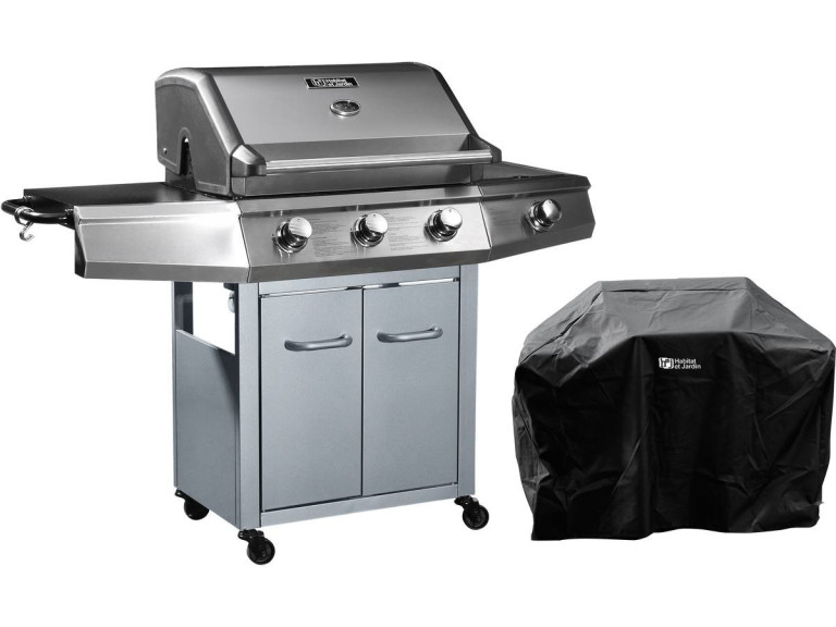 Gasgrill mit LED "Bingo 4" - 4 Brenner davon 1 Seitenbrenner - 14 kW + Schutzhülle - Silberfarben