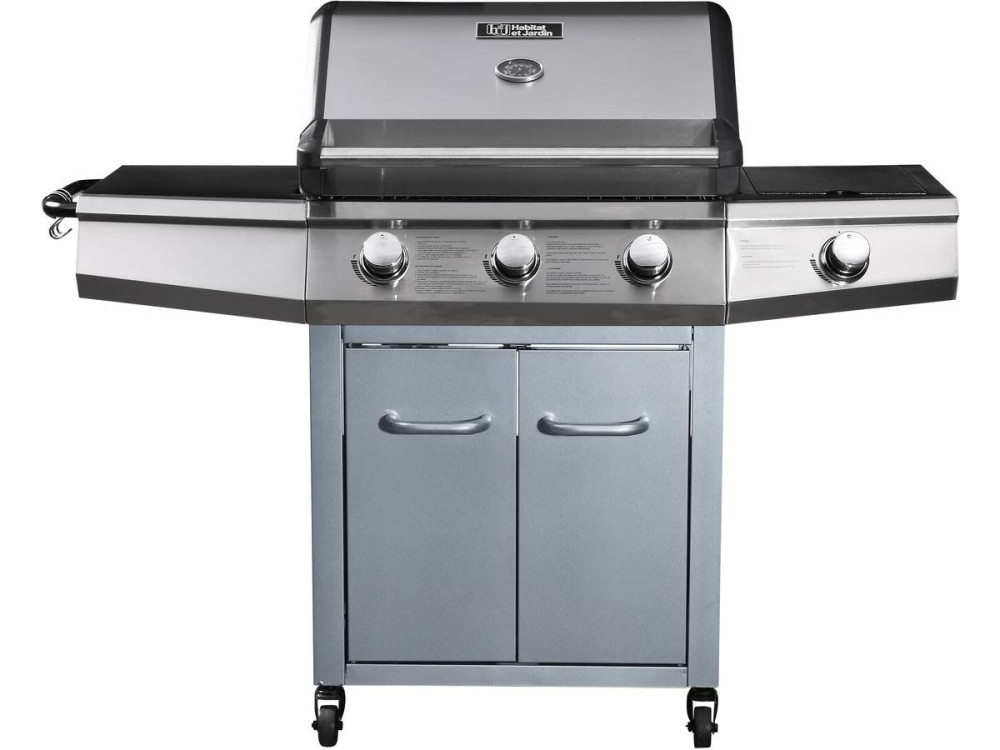 Gasgrill mit LED "Bingo 4" - 4 Brenner davon 1 Seitenbrenner - 14 kW + Schutzhülle - Silberfarben
