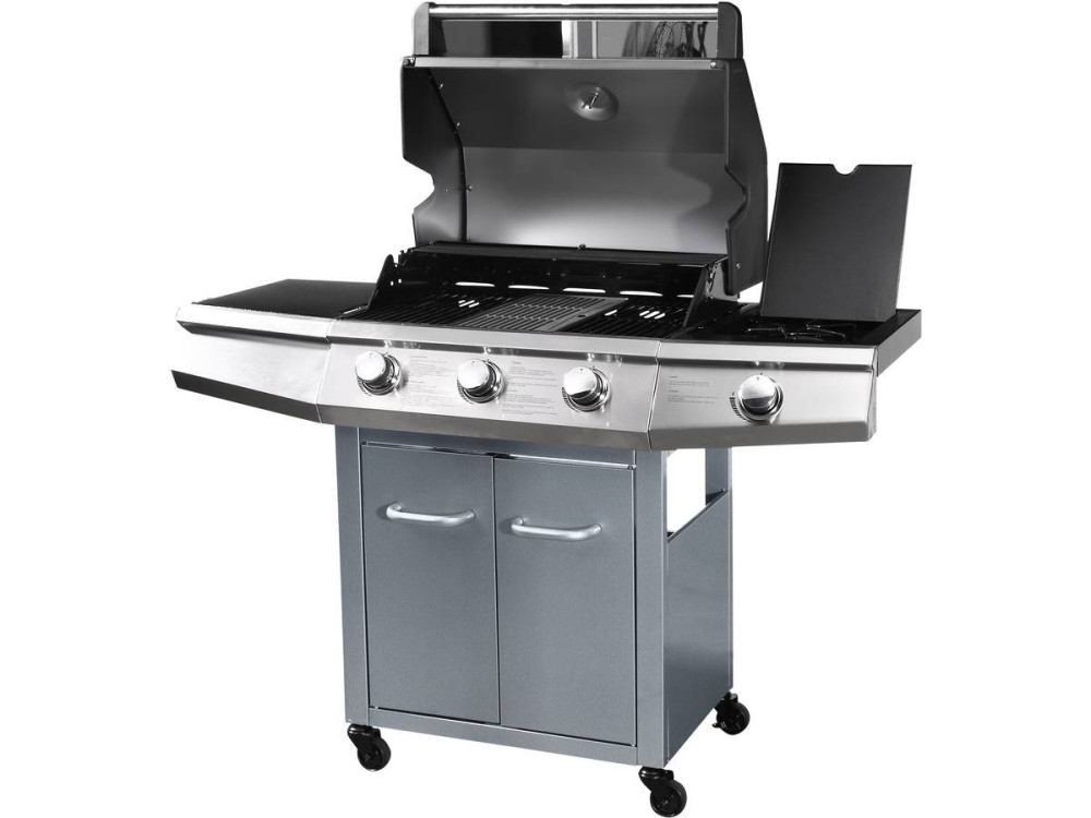 Gasgrill mit LED "Bingo 4" - 4 Brenner davon 1 Seitenbrenner - 14 kW + Schutzhülle - Silberfarben