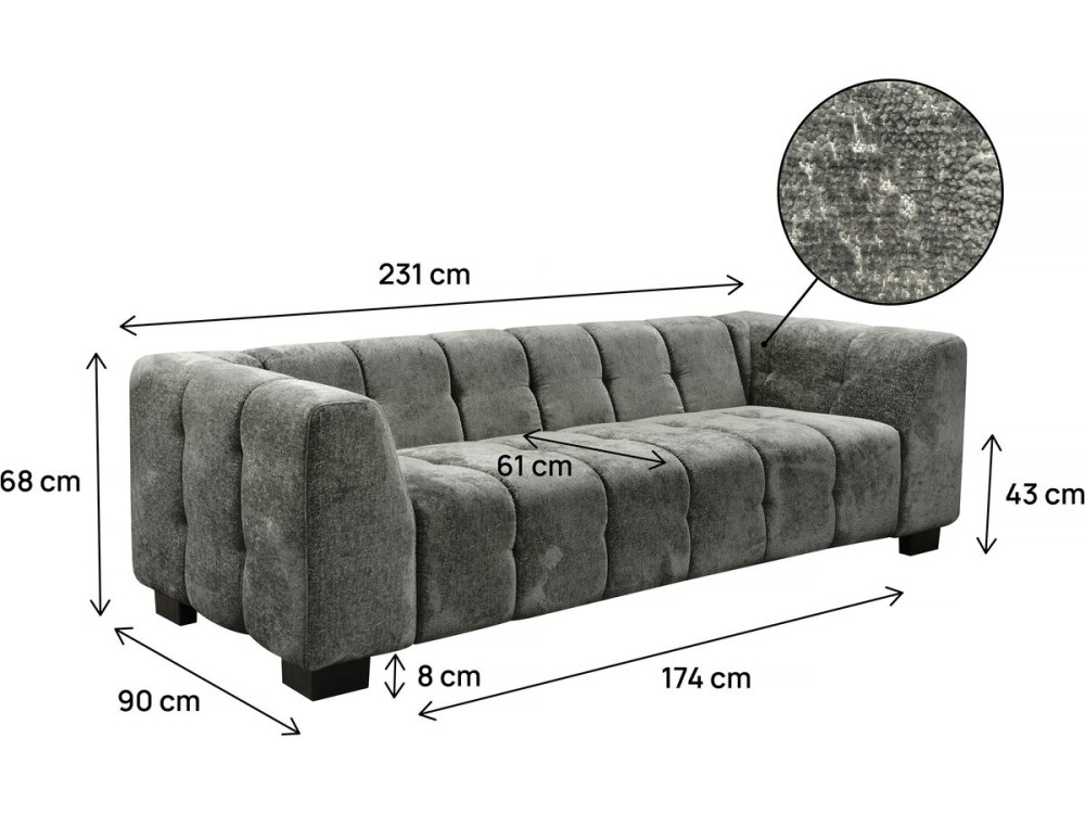 Designer 3-Sitzer Sofa aus Chenille-Stoff "Foch"- Grau