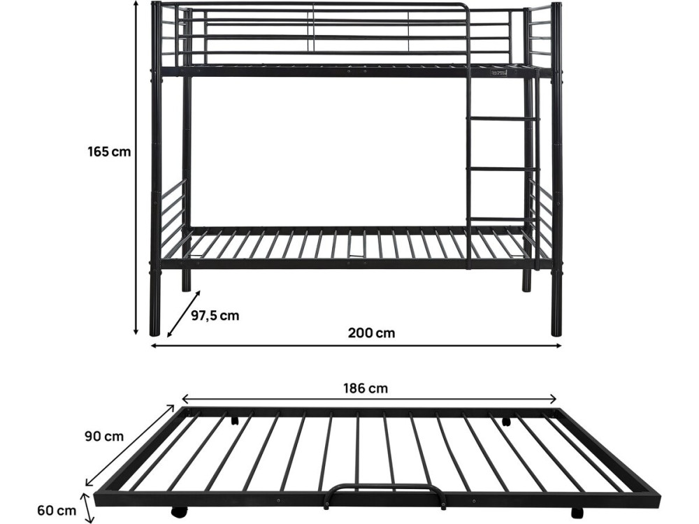 Etagenbett mit Ausziehbett „ADAM” – 90 x 190 cm – Metall – Schwarz