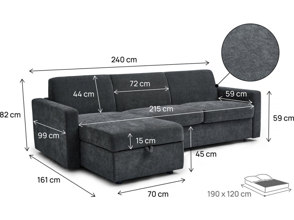Wendbares und schnell umwandelbares Ecksofa im Stoff „Celia“ – 3-Sitzer – Grau