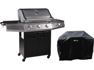 Gasgrill mit LED "Bingo 4" - 4 Brenner davon 1 Seitenbrenner - 14 kW + Schutzhülle - Schwarz