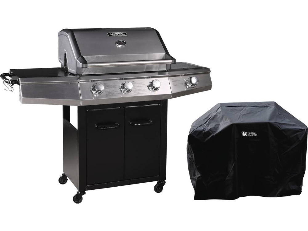 Gasgrill mit LED "Bingo 4" - 4 Brenner davon 1 Seitenbrenner - 14 kW + Schutzhülle - Schwarz