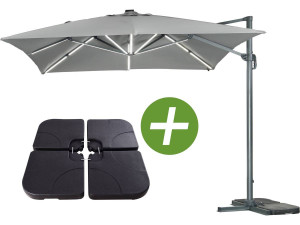 Ampelschirm aus Alu mit LED "Sun 3 Luxe" - Viereckig - 3 x 3 m - Farbe Grau - Platten zur Beschwerung inbegriffen