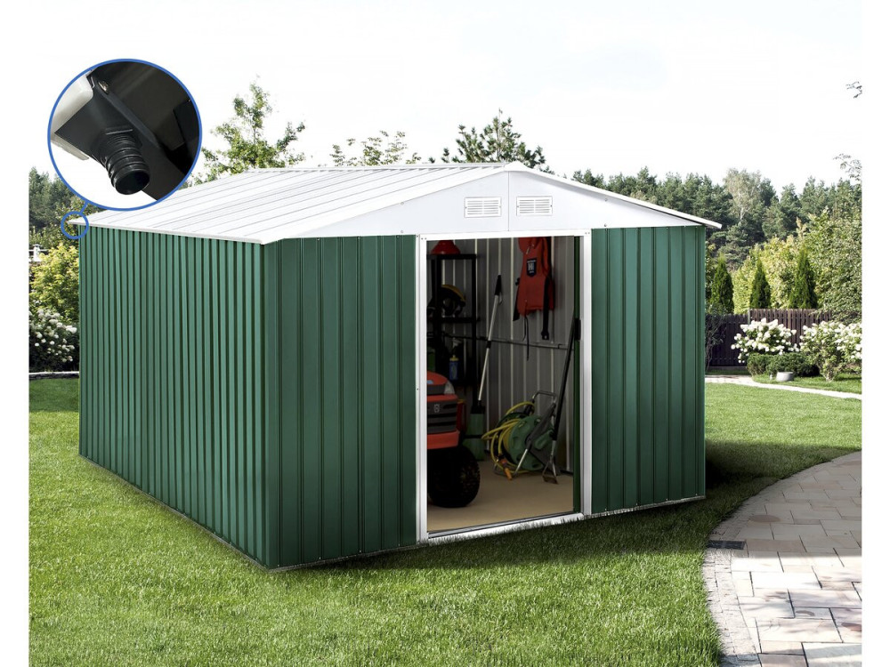 Gerätehaus aus Metall - "Rosas " - 10,85 m² mit Dachrinne - Grün