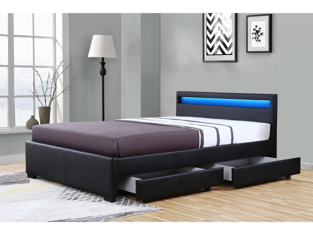 LED-Bett mit 4 Schubladen "Nico" - 160 x 200 cm - Schwarz