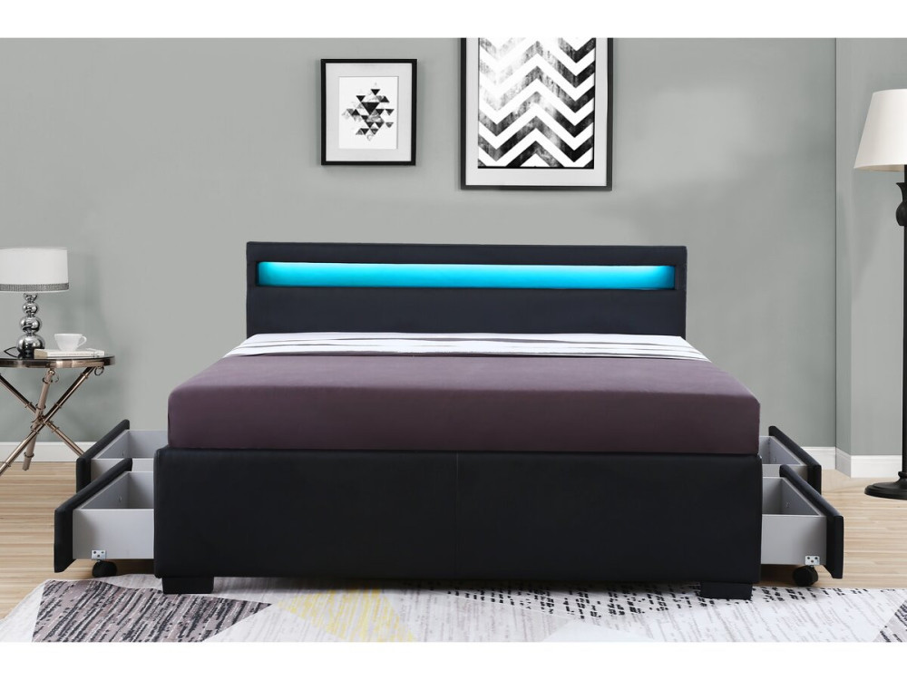 LED-Bett mit 4 Schubladen "Nico" - 160 x 200 cm - Schwarz