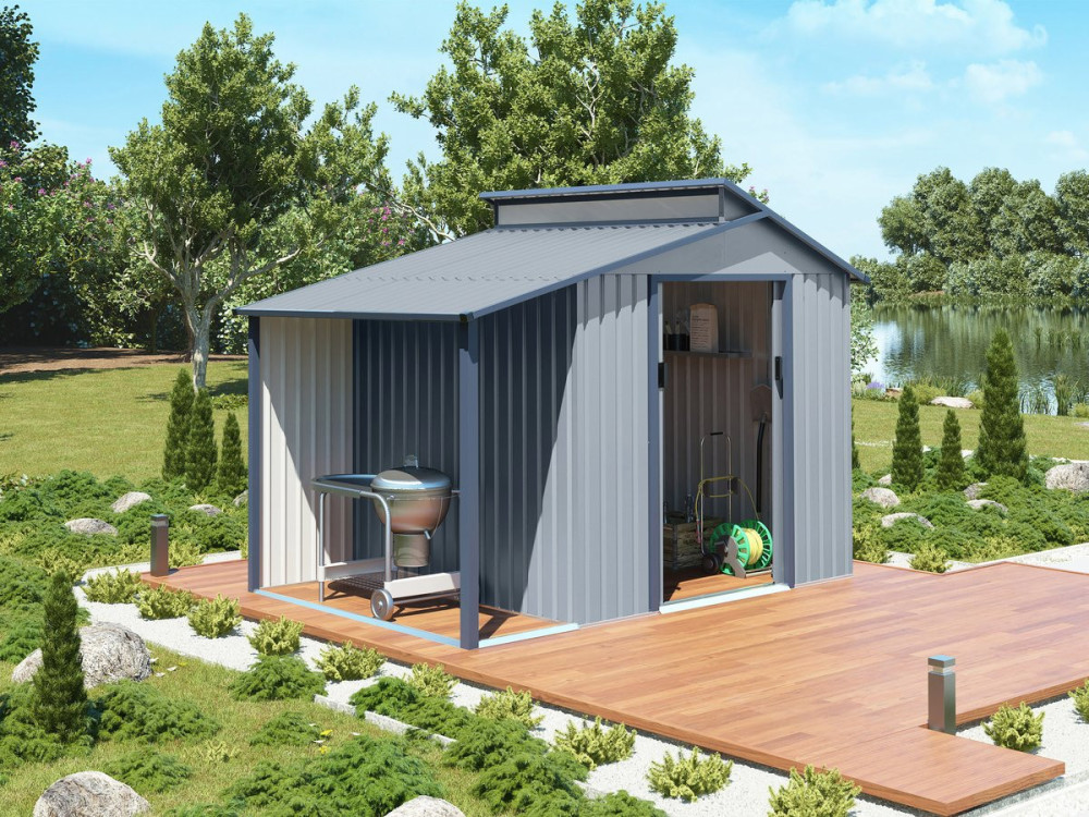 Gerätehaus aus Metall mit Unterstand "Madras" - 5,64 m² - 193 x 292 x 229 cm - Grau