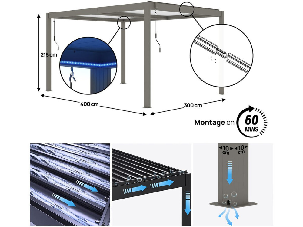 Bioklimatische Pergola mit Led "Windsor Premium" aus Aluminium 3 x 4 m - Taupe