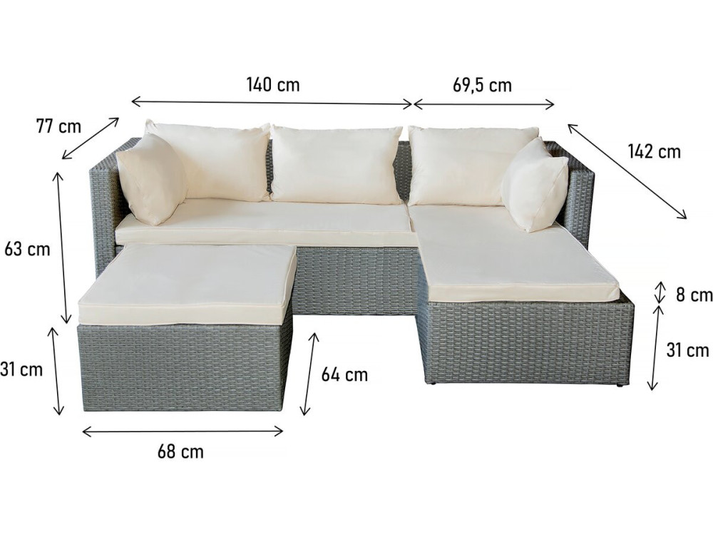Gartenlounge aus Polyrattan 3-Sitzer "Diya" - Hellgrau