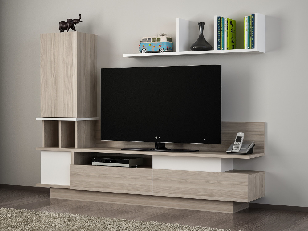 TV-Möbel mit Wandregal aus Holz "Como" - 149 x 31 x 117 cm - Hellgrau