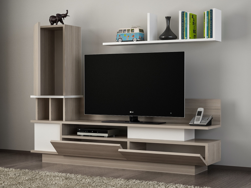 TV-Möbel mit Wandregal aus Holz "Como" - 149 x 31 x 117 cm - Hellgrau