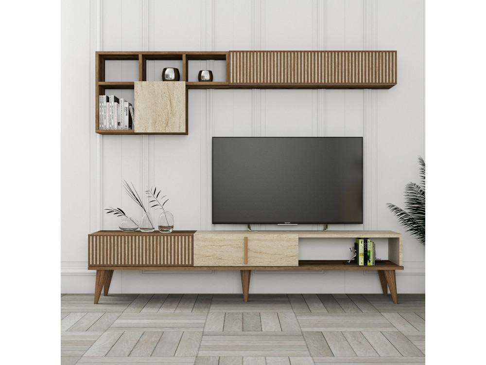 TV-Möbel aus Holz "Milan" - 180 x 35 x 40 cm - Nussbaum, Travertin