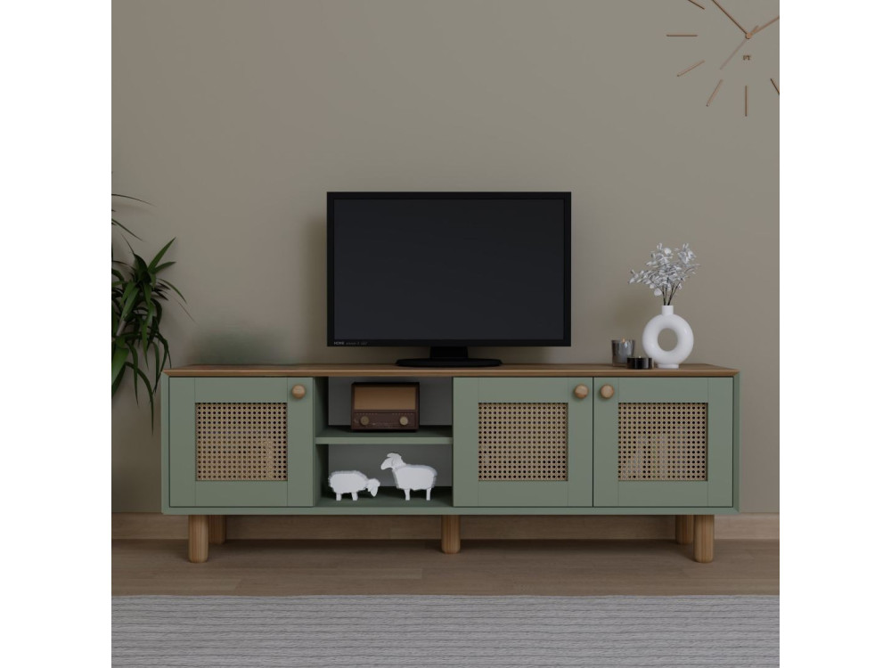 TV-Möbel aus Holz und Rohrgeflecht "Bohemian" - 160 x 40 x 56 cm - Grün