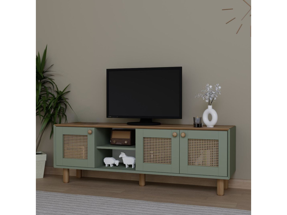 TV-Möbel aus Holz und Rohrgeflecht "Bohemian" - 160 x 40 x 56 cm - Grün