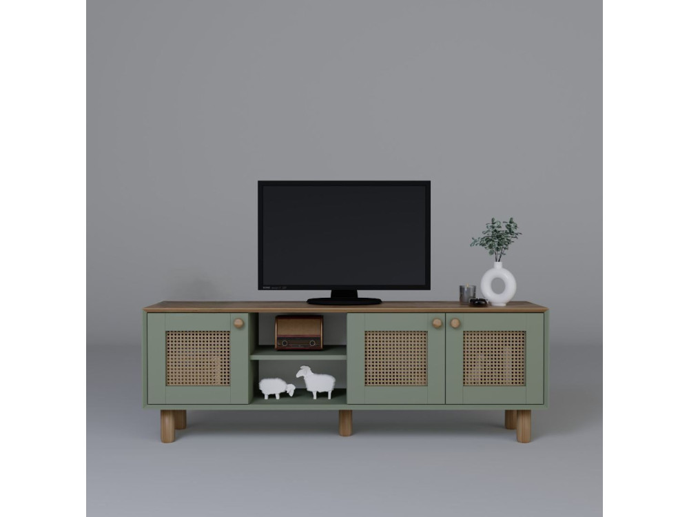 TV-Möbel aus Holz und Rohrgeflecht "Bohemian" - 160 x 40 x 56 cm - Grün
