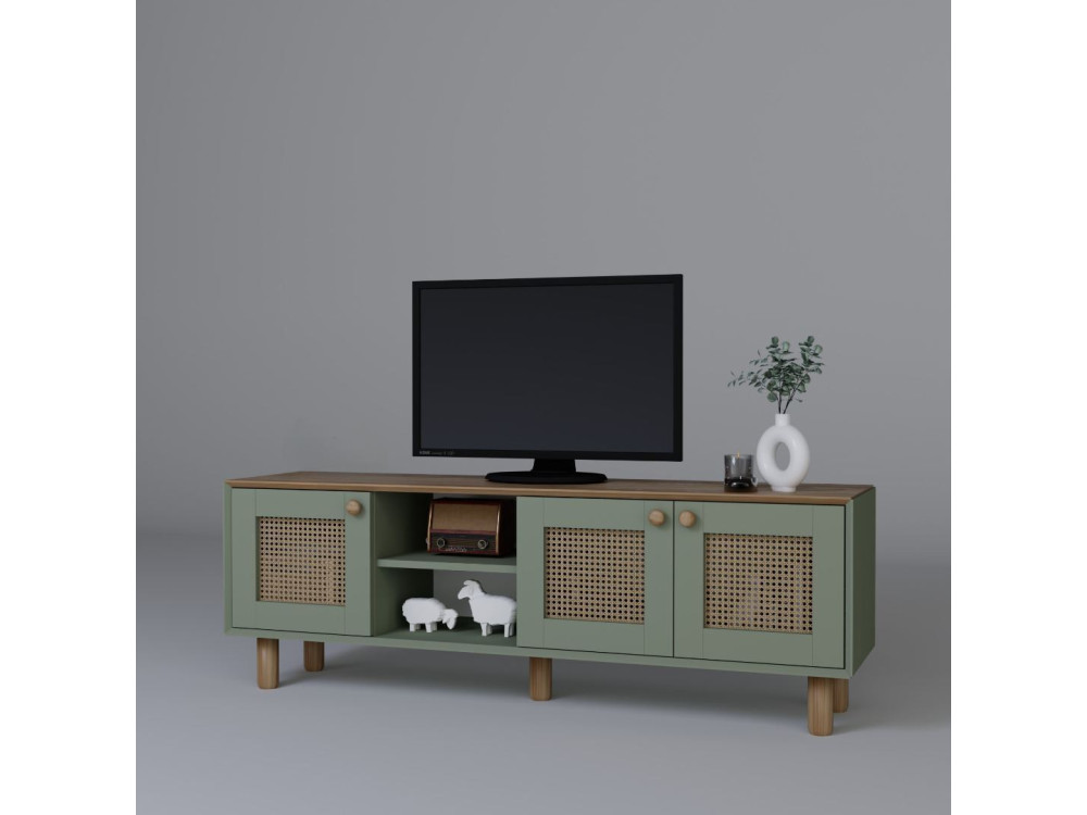 TV-Möbel aus Holz und Rohrgeflecht "Bohemian" - 160 x 40 x 56 cm - Grün