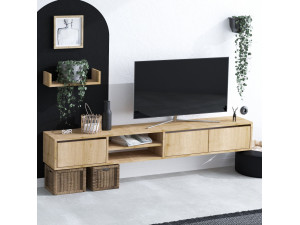 Hänge-TV-Möbel mit Wandregal aus Holz "Heka" - 180 x 30 x 25 cm - Beige 2