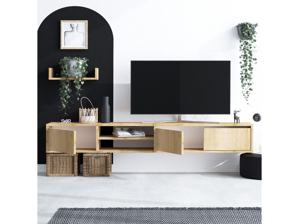 Hänge-TV-Möbel mit Wandregal aus Holz "Heka" - 180 x 30 x 25 cm - Beige