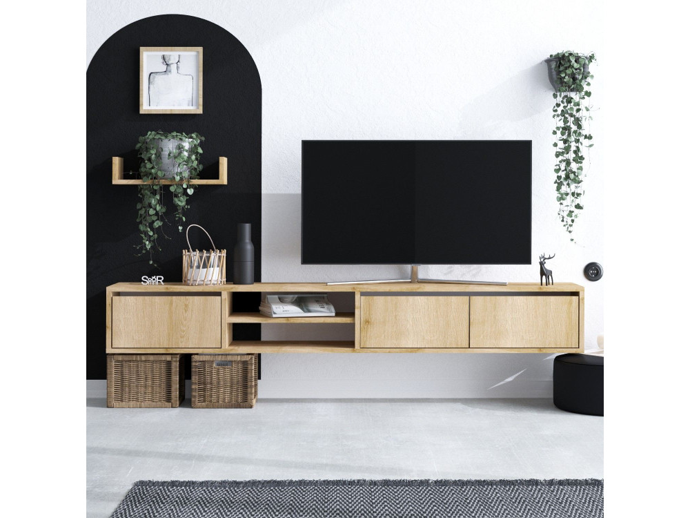 Hänge-TV-Möbel mit Wandregal aus Holz "Heka" - 180 x 30 x 25 cm - Beige