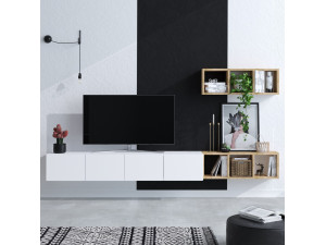 Hänge-TV-Möbel mit Wandregal aus Holz "Pia"- 215 x 32 x 25 cm - Weiß 2