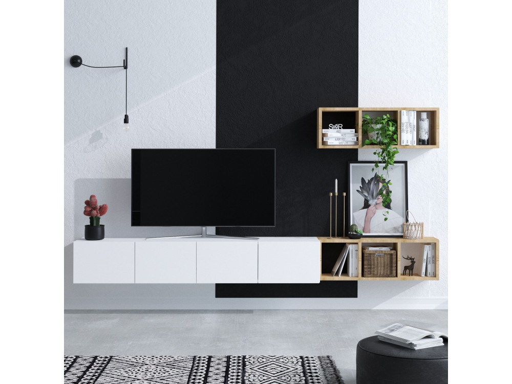 Hänge-TV-Möbel mit Wandregal aus Holz "Pia"- 215 x 32 x 25 cm - Weiß