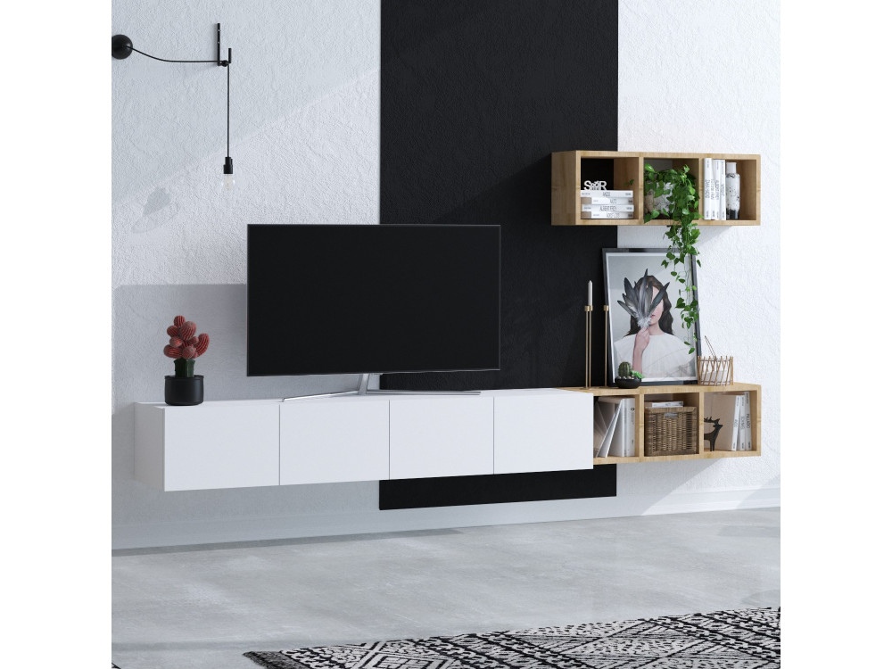 Hänge-TV-Möbel mit Wandregal aus Holz "Pia"- 215 x 32 x 25 cm - Weiß