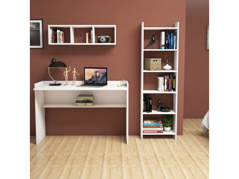 Schreibtisch mit Bücherregal und Wandregal aus Holz "Hera" - 118 x 58 x 80 cm - Weiß